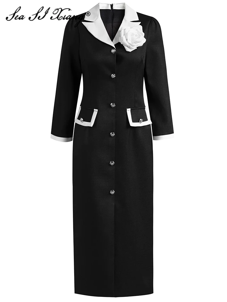 

Seasixiang Fashion Designer Spring Pencil Dress Women Long Sleeve Appliques Contrasting Colors Slim Office Lady Slit Dresses