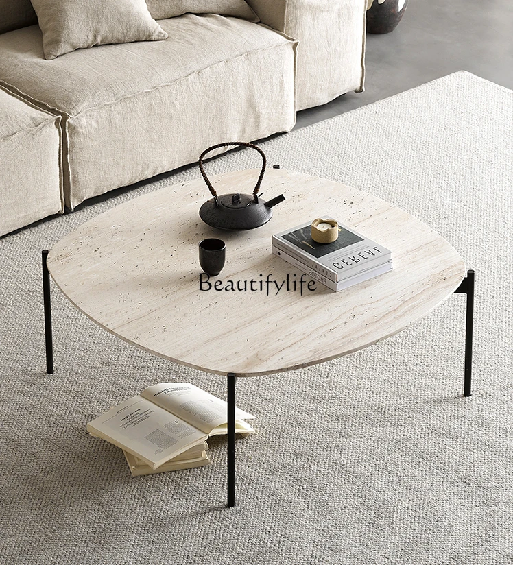 

Qiji Style Marble Cave Stone Square Tea Table Light Luxury Nordic Simple Modern Small round Table