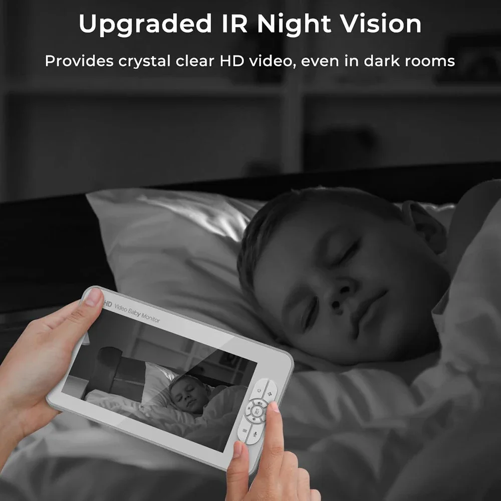 새로운 1080p 7 인치 2 대의 카메라가있는 전자 베이비 모니터 분할 화면 베이비 폰 팬 틸트-Zoom 보모 카메라 양방향 인터콤 자동 야간 비전 (940nm 보이지 않는 IR) 비디오 베이비 시터 Wi