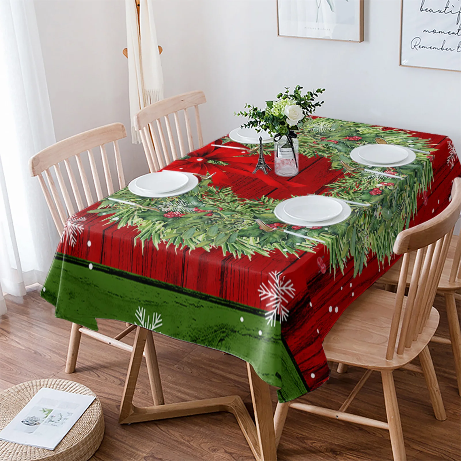 

Christmas Pine Needle Wreath Bow Table Cloth Waterproof Dining Tablecloth Kitchen Decorative Party Table Cover