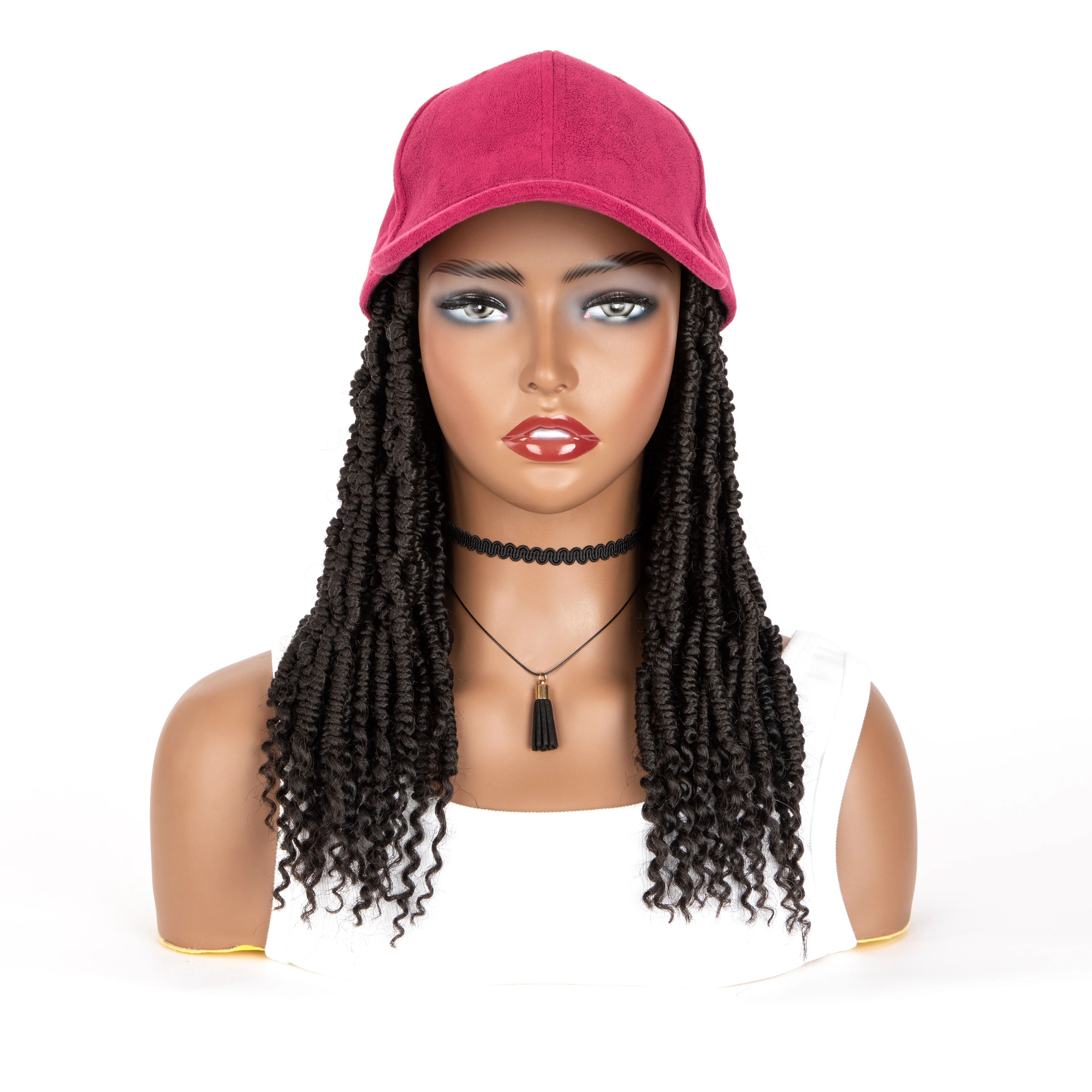 Medium Braided Synthetic Wig Spring Box Braids Hair Extensions With Burgundy Baseball Cap Bucket Hat synthetic hair wigs