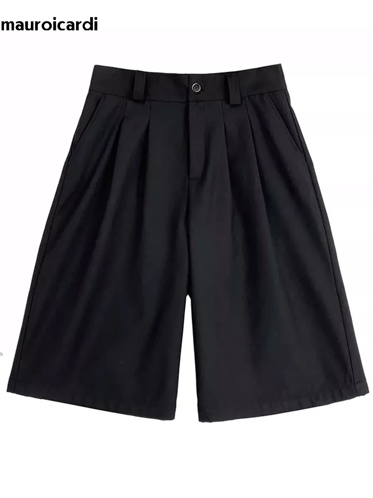 Mauroicardi Spring Summer Loose Casual Soft Black Pleated Shorts for Men Mens with High Waist Short Straight Pants Clothes 2024 5