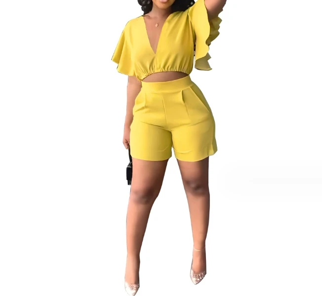 Fashion Two Piece Set Women Outfit 2024 Summer Ruffles Sleeve V-Neck Crop Top Casual Pockets Shorts Suit Two-Piece Set Tracksuit summer tracksuit solid color v neck men short sleeve t shirt drawstring pockets shorts for fitness