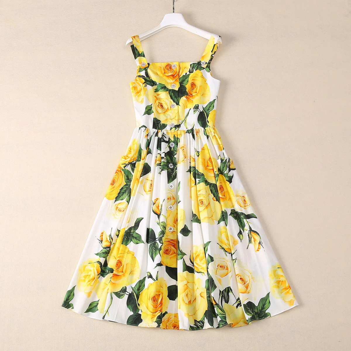 

Europe and the United States women's 2024 summer new suspenders Sleeveless yellow rose print pure cotton fashion Pleated dress