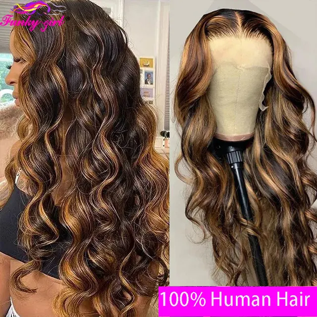 4/27 Highlight Body Wave Wig Human Hair Lace Wigs Brazilian Body Wavy 13*1 T Part Transparent Lace Part Wig PrePlucked For Women 1