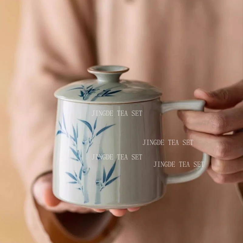 Ceramic Covered Teacup Office Tea Set Water Cup Hand Drawn Mug Grass and Ash Underglaze Colored Tea Cups Coffee Mug