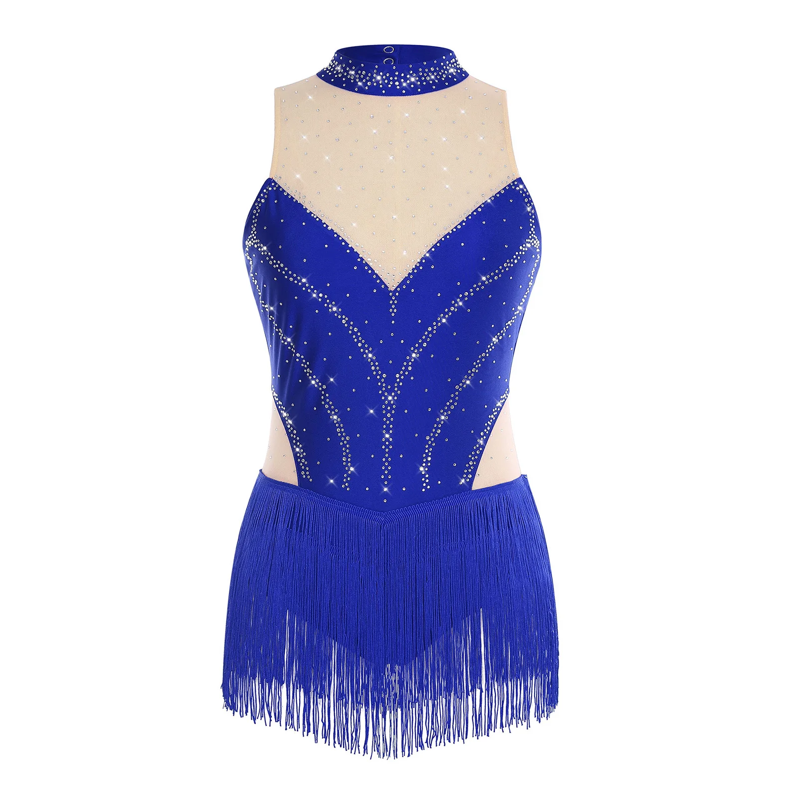 Damen Gymnastik Künstlerisches Eiskunstlauf-Ballett-Trikot-Kleid mit Strasssteinen, durchsichtiges Mesh, lyrisches Latin-Tanz-Bodysuit-Kleid – Detail 27