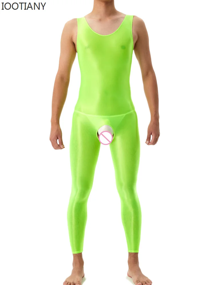 Satin Oil Glossy Shiny Bodysuit Sexy Men Crotchless Vest Yoga Tights Elastic Shaping Leotard Jumpsuit Candy Color Tank Tops