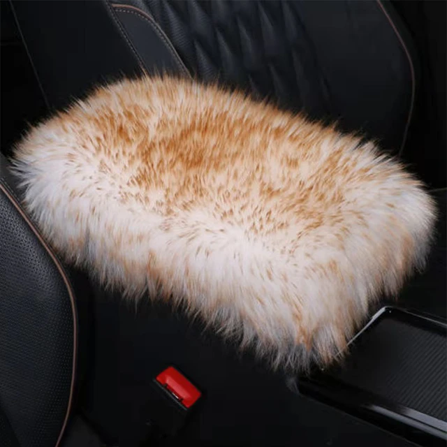 Car Plush Armrest Cover Faux Fur Auto Center Arm Rest Console Pad Wool Cushion Protector Universal for SUV/Truck/Car White gold