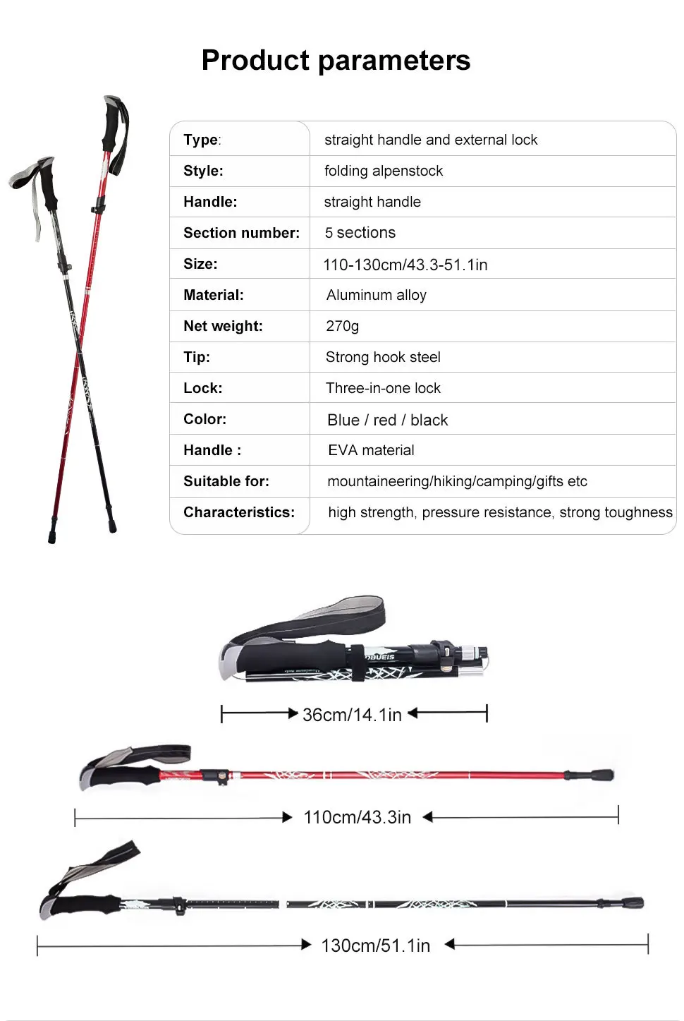 WESTTUNE Outdoor Fold Trekking Pole 5-Section Collapsible Telescopic Stick Camping Lightweight Walking Hiking Climbing Stick