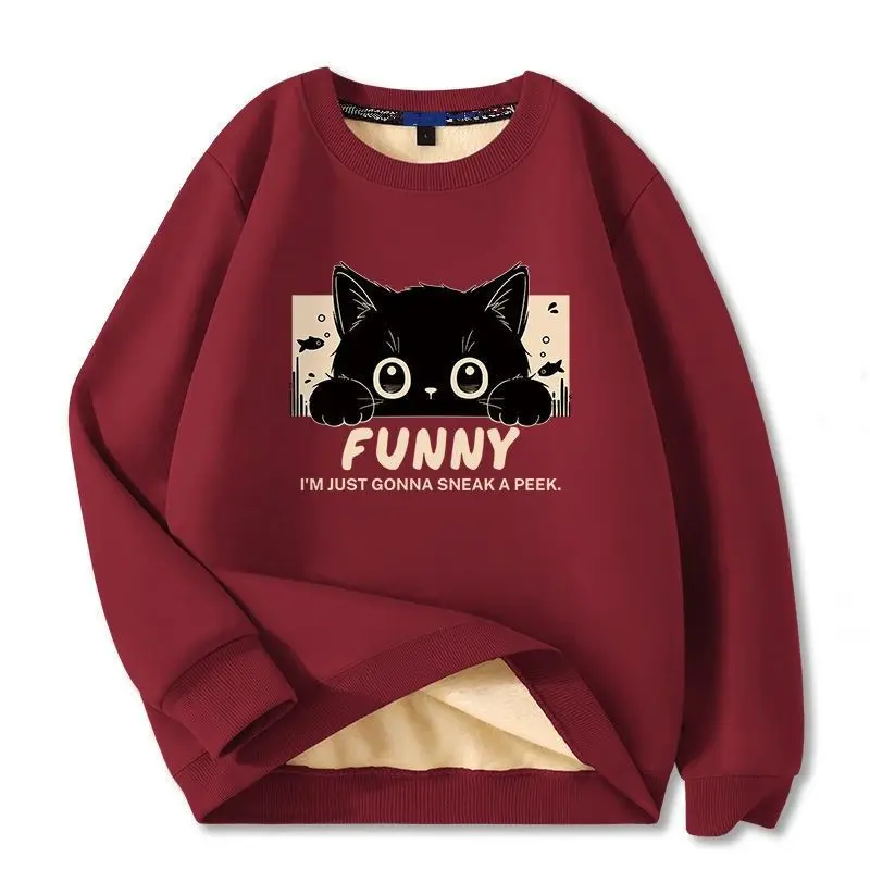 Winter Womens Pullover cute Cattitude Funny Cat Print Hoodie Fleece Sweatshirts Warm Crewneck Ladies Tops 5XL