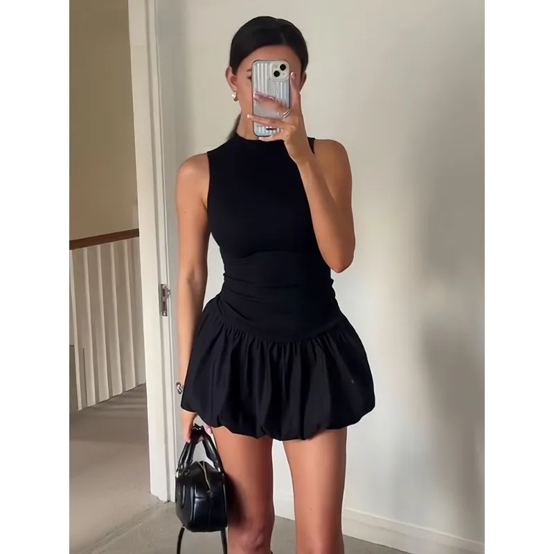 

2024 Female White Party A-line Solid Knit Women Short Dress Elegant Chic Backless Sleeveless Patchwork Fashion Summer Dresses