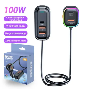 Caricabatterie per auto da 100 W con ricarica per la fila posteriore, caricabatterie per telefono da auto con tre porte USB, ricarica rapida PD di tipo C per iPhone Xiaomi Huawei Samsung