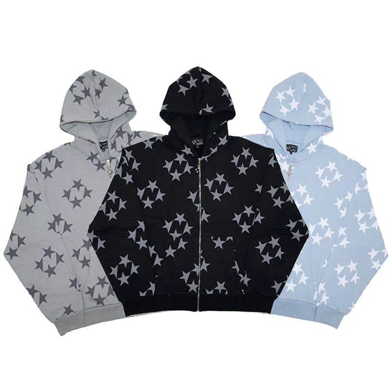 

Y2K Star Print Zipper Hooded Sweater Oversized Loose Tide Brand Sweater 2022 Street Style Hip-hop Hoodie Men's Jacket Coat