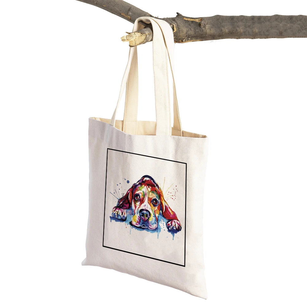 

Watercolor Cute Cartoon Pet Animal Eco Shopping Bag Women Canvas Tote Handbag Reusable Animal Lady Shoulder Shopper Bags