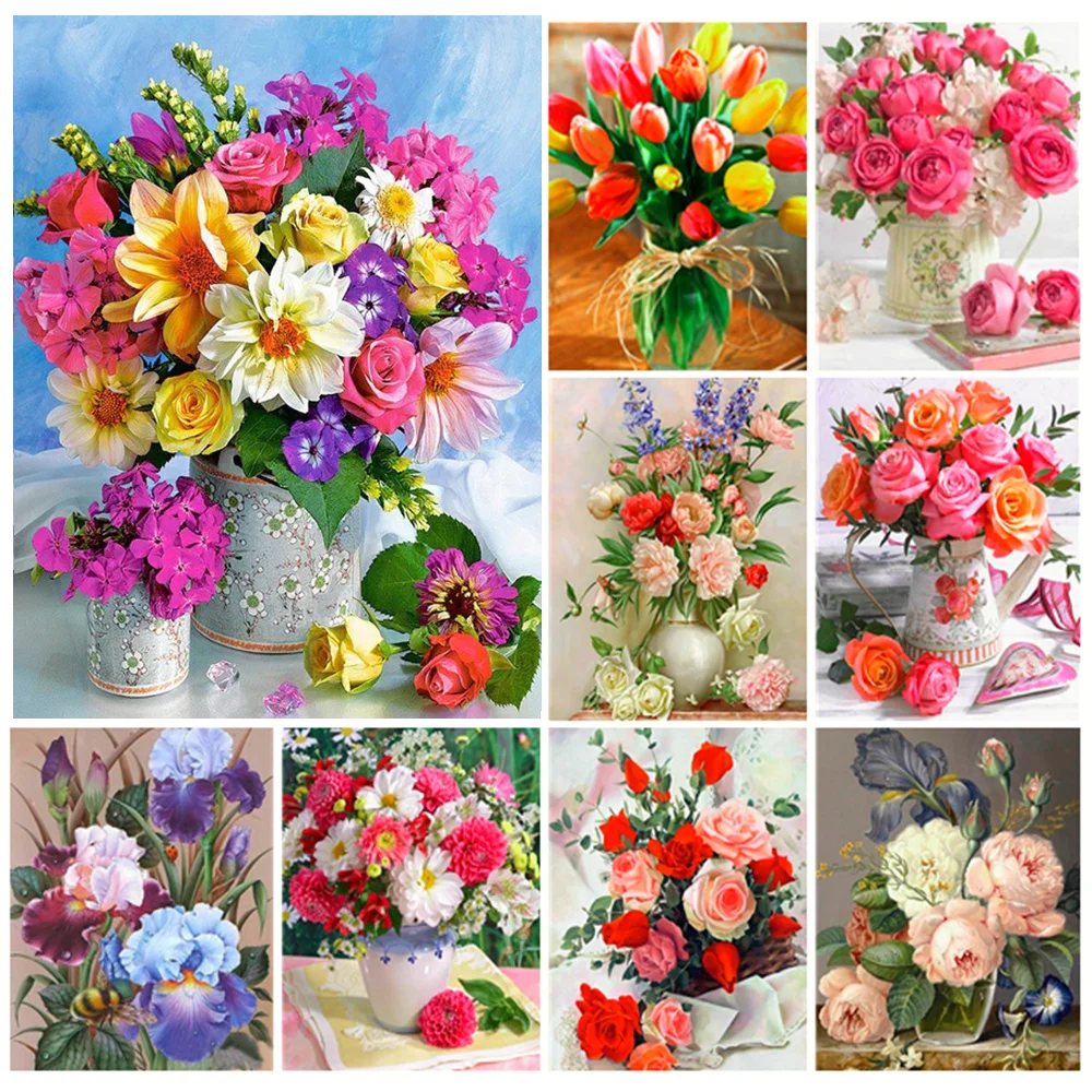 5D DIY Diamond Painting Rose Flowers Vase Cross Stitch Kit Full Drill  Embroidery Mosaic Art Picture Of Rhinestones Home Decor