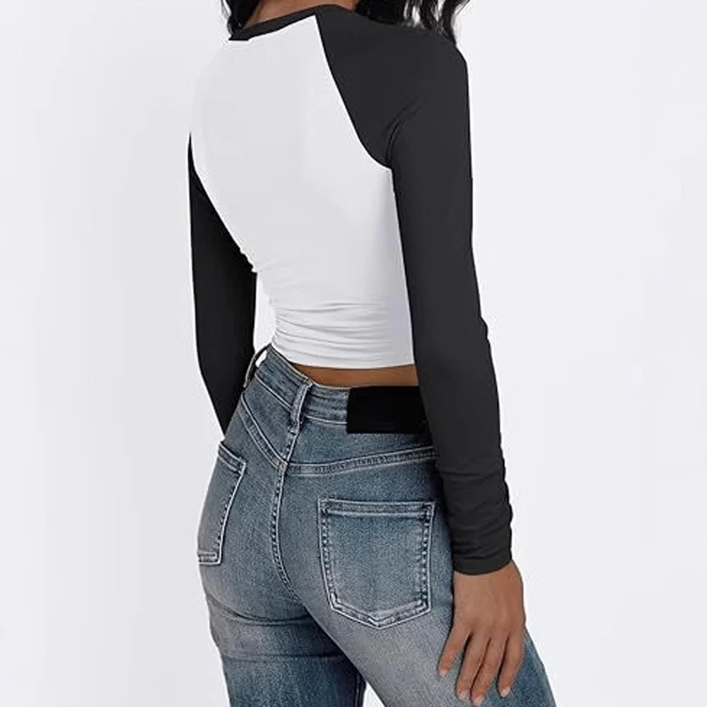 Women Round Collar Long Sleeve Patchwork Cropped Tshirt