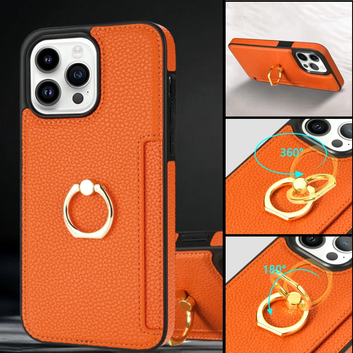 Luxurious Leather Wallet Phone Case with Ring Holder and Card Slot - Litchi Stand Cover