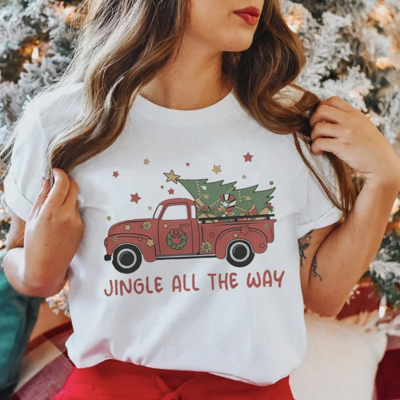 

Рождественская Женская забавная модная зимняя футболка с коротким рукавом и мультяшным принтом автомобиля, женская футболка, платье-рубашка, футболка с рисунком