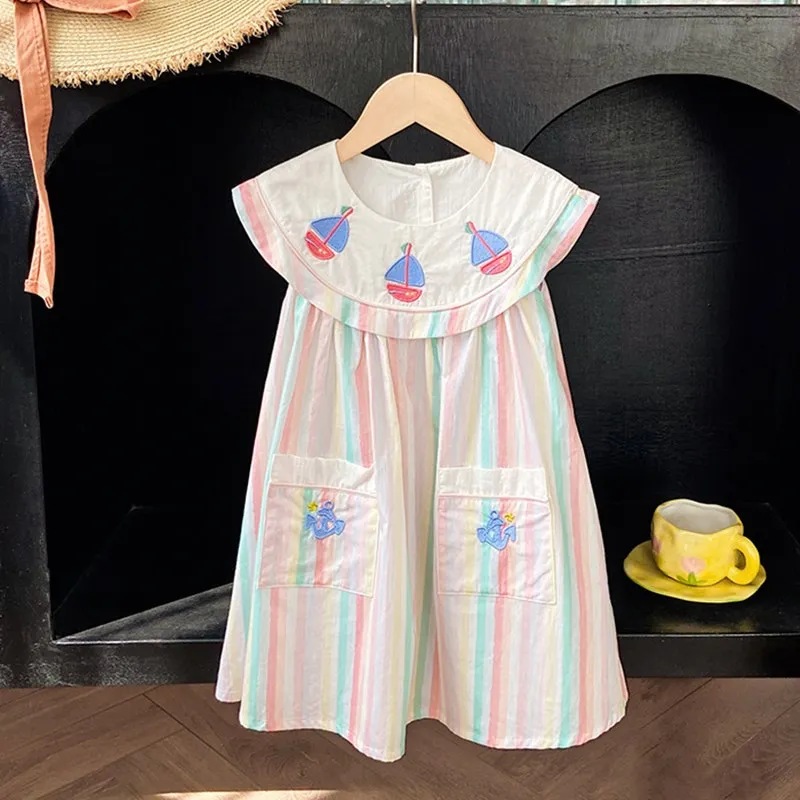

Summer kids girl clothes cotton baby clothes cotton Colorful striped large lapel sleeveless dress