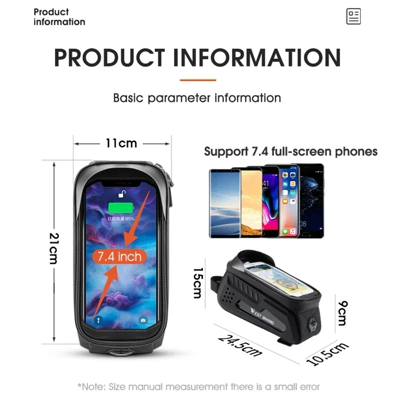 Bike Bag Bicycle Bag Bike Accessory WEST BIKING Hard Shell TPU Bicycle Bag Touchscreen 6-7.4" Phone Stand Waterproof Front Beam Bag MTB Road Bike Cycling Equipment