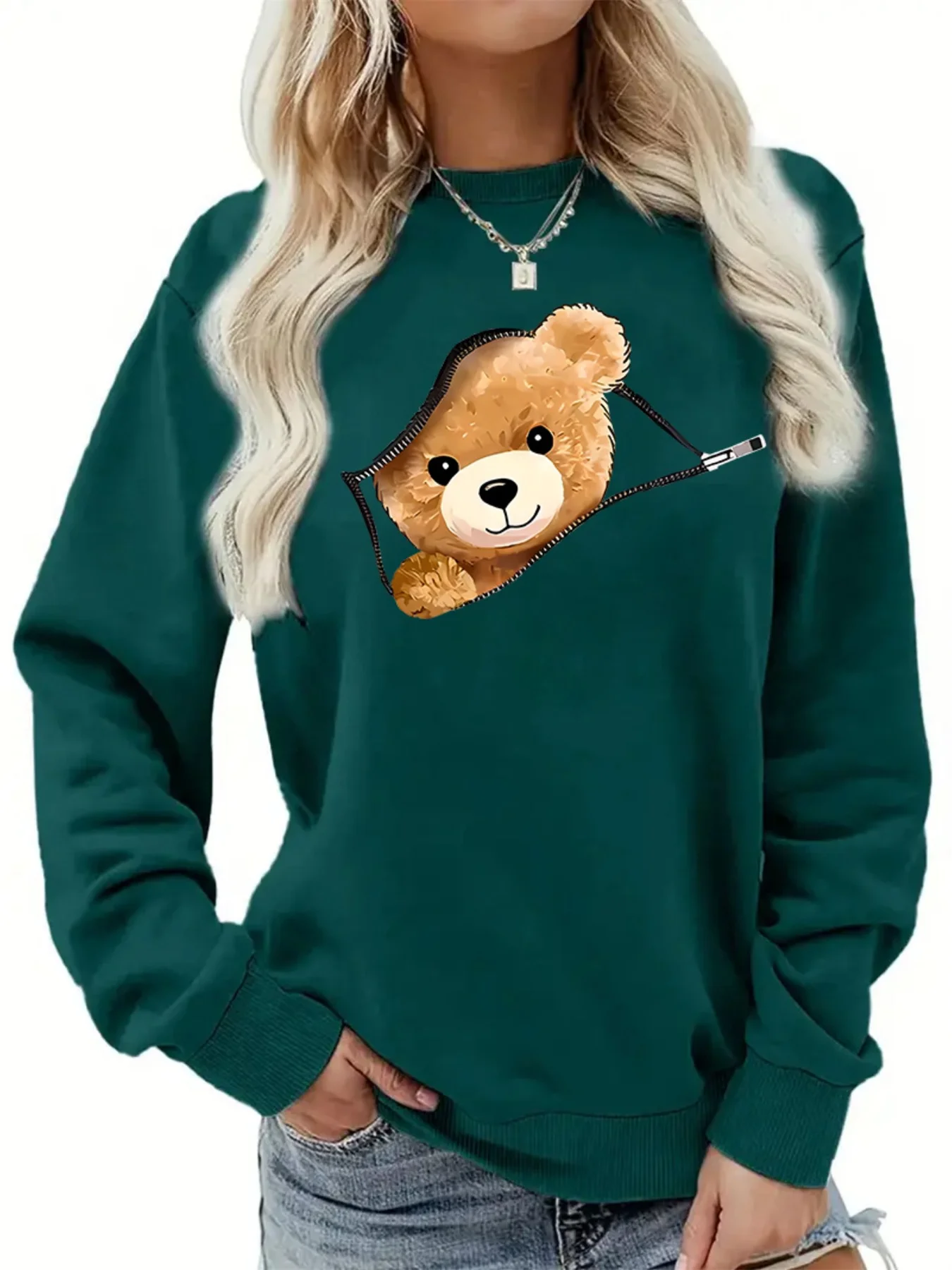 Women's Autumn and Winter Loose Casual Cartoon Zipper Bear Pattern Printed Velvet Long-Sleeved Round Neck Sweatshirt Pullover