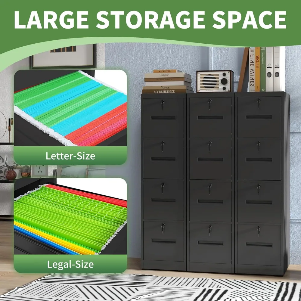 file cabinet 4 drawer with lock, vertical filing cabinets for home office, metal steel storage cabinet for letter/legal size fil