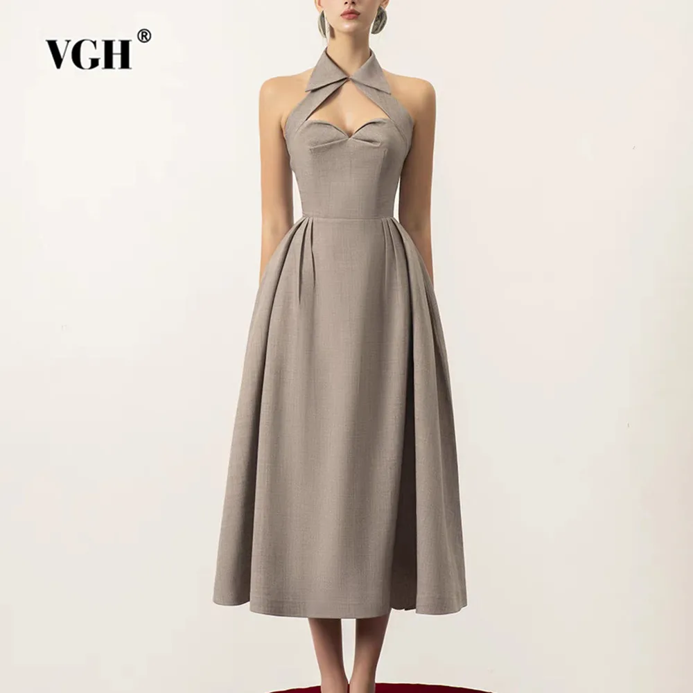 

VGH Solid Patchwork Zipper Backless For Women Lapel Sleeveless High Waist Minimalist Casual Long Dresses Female Fashion Style