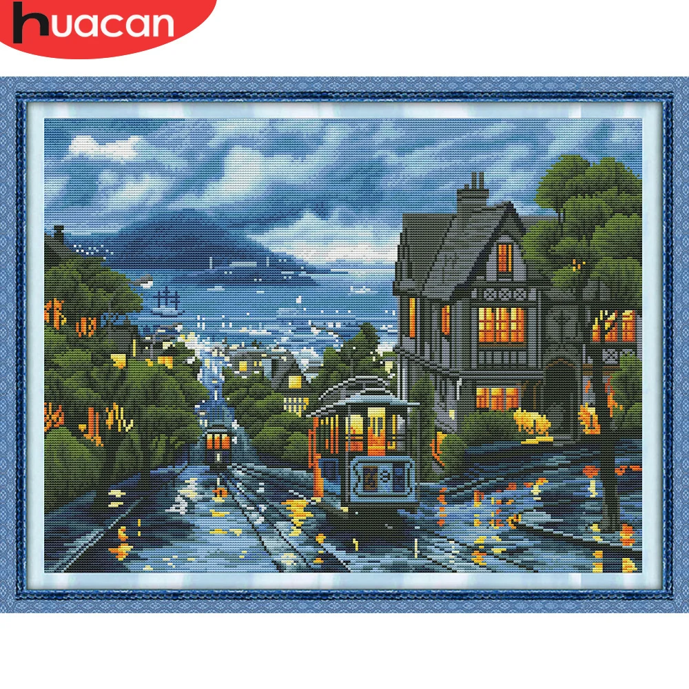 Cross Stitch Street Scenery Needlework Sets Embroidery City Landscape Kits White Canvas DIY Home Decor 14CT 40x50cm cross stitch kit