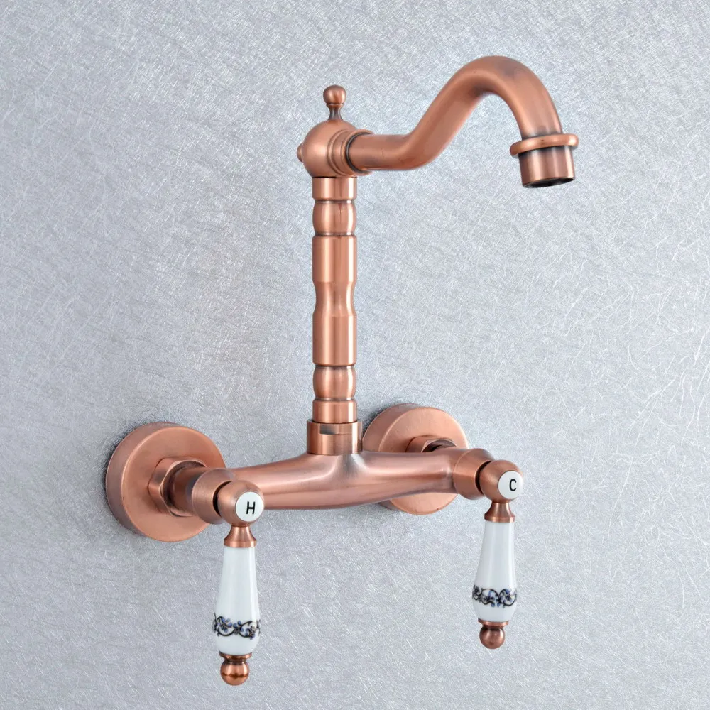 

Antique Red Copper Wall Mounted Swivel Spout Kitchen Sink Vessel Faucet Dual Ceramic Lever Bathroom Basin Taps tsf905