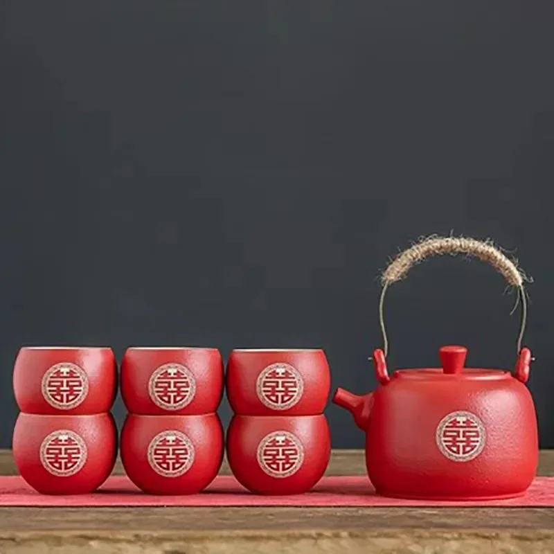 Chinese Style Ceramic Tea Filter Pot Set, Tea Household Pot and Set, Cup Red Gifts, Teaware Wedding, A of Eight Cups