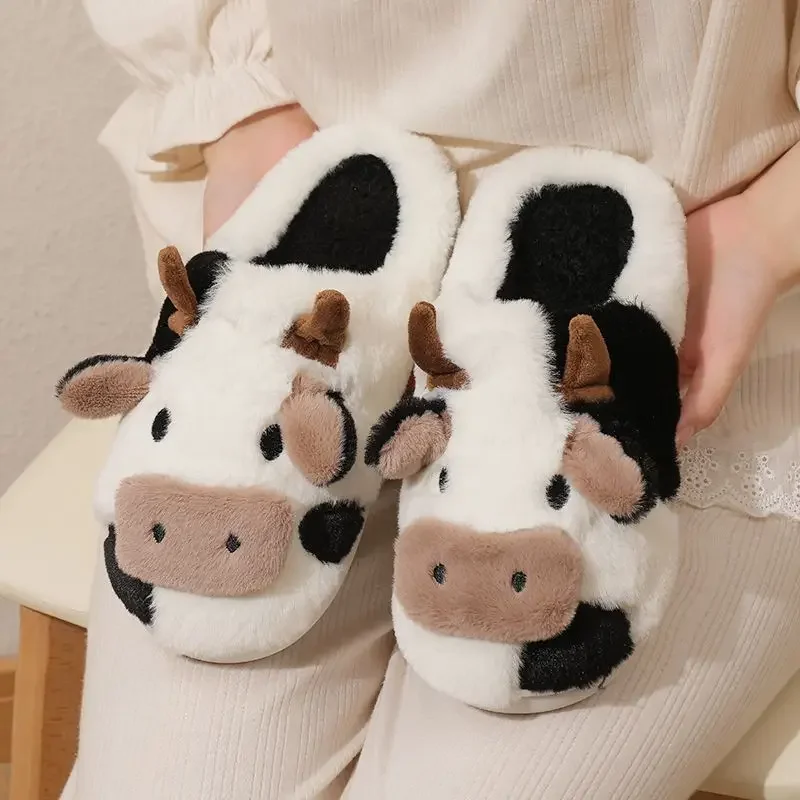 2024 Winter Warm Milk Cow Women Slippers Men Cute Soft Plush Sandals Adults Lovely Non-slip Flip Flops Couples Home Flat Slides 6