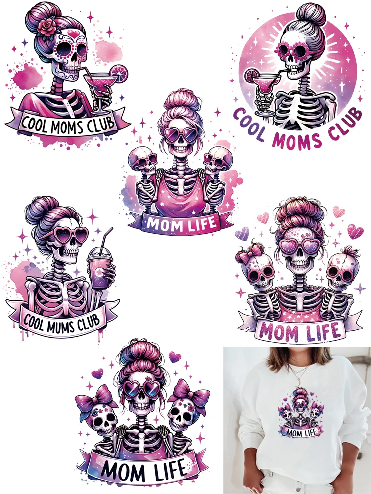 Funny Skeleton Mom's Life club patches Clorhing stickers Flex fusible transfer stripes appliques