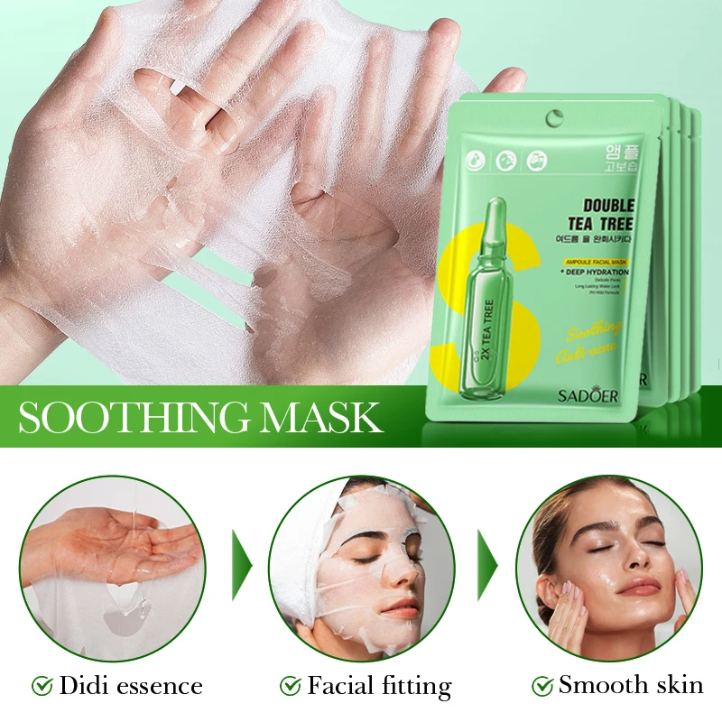 5/10pcs SADOER Tea Tree  Face Mask Hyaluronic Acid Moisturizing Hydrating Facial Masks Korean Cosmetics Skin Care