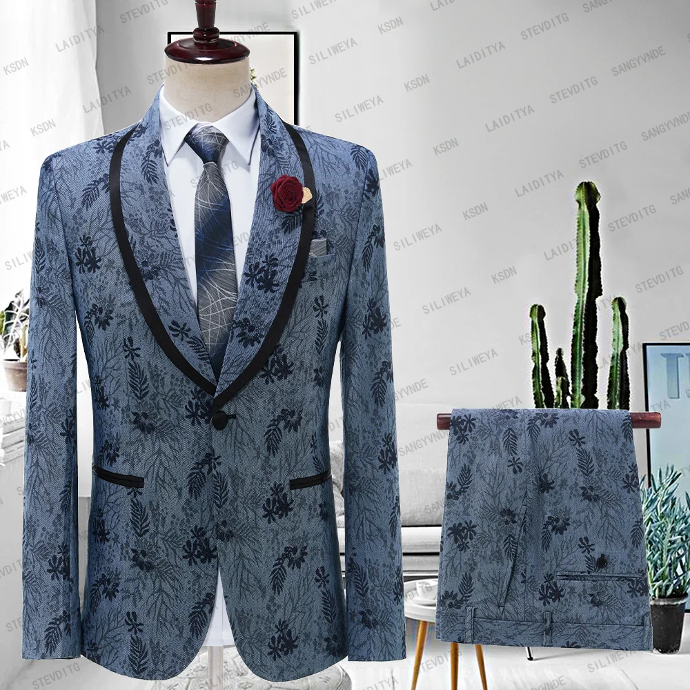 

2024 New Luxury Denim Blue Jacquard Floral Men's Wedding Suits Gentlemen Tuxedo Peaked Lapel 2 piece Jacket Slim Pant