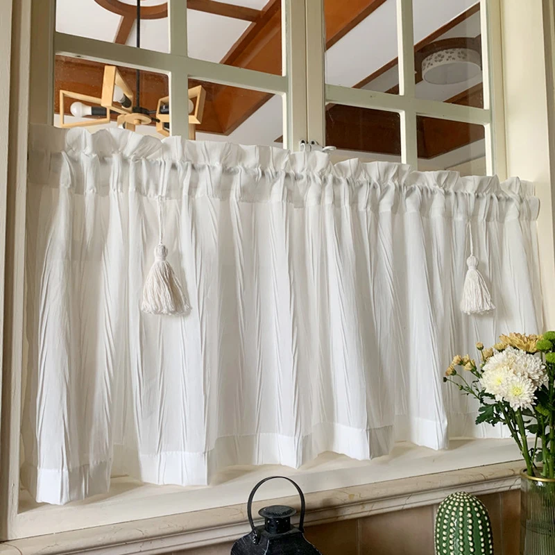 

Kitchen Curtains Handmade White Semi Sheer Short Curtain Tassels Window Valance & Cafe Curtain Tiers for Bedroom Home Rod Pocket