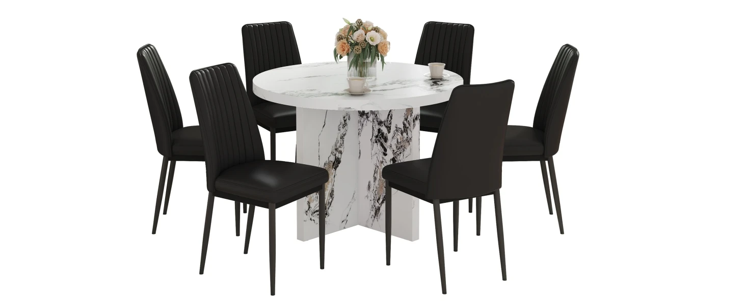 7 Piece 42 Inch Round Dining Table Set, Modern with 6 Upholstered Chairs，Solid and Durable Construction for Kitchen Room, White