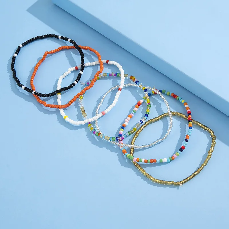 7pcs/Set Handmade Beaded Anklet Bracelets Rainbow Color Elastic Ankle Bracelet On The Leg Foot Beach Jewelry bead bracelet beads anklet