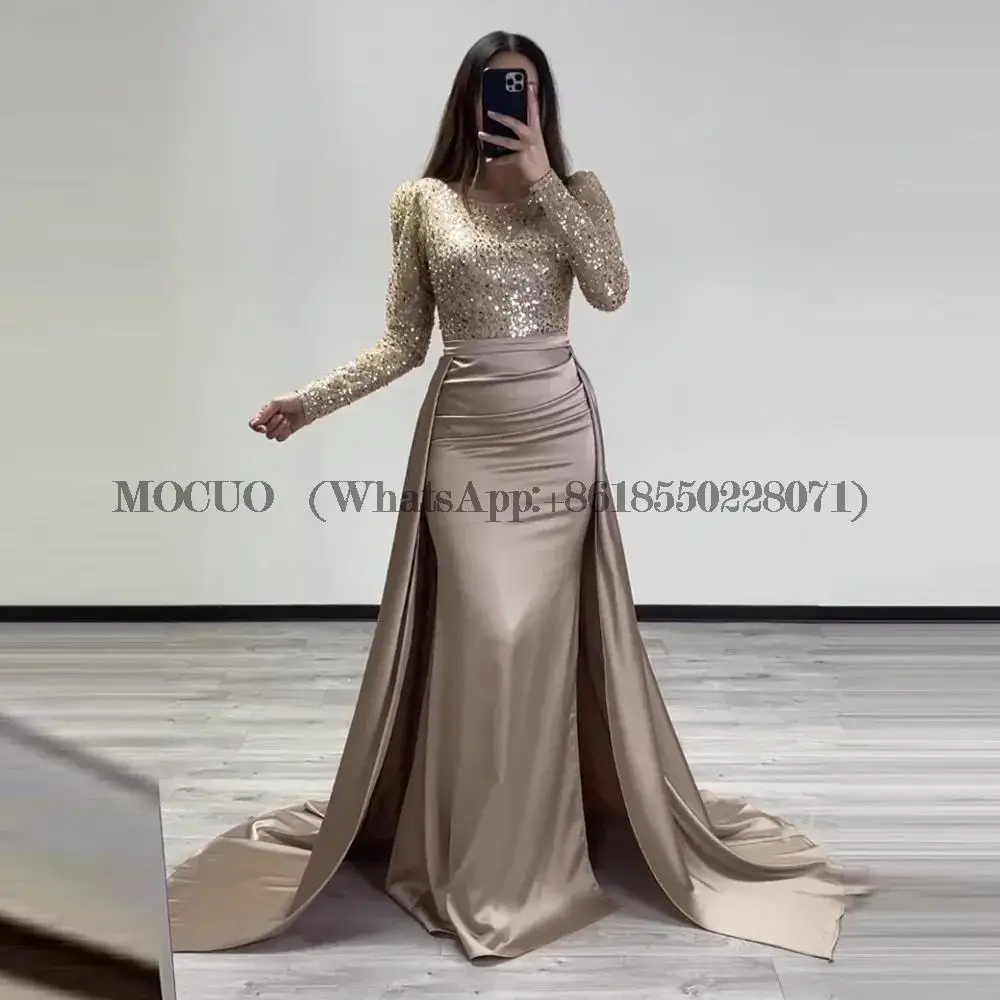 

Sparkly Evening Dress with Detachable Skirt Long Sleeves Champagne Mermaid Prom Party Gowns robe de soirée femme