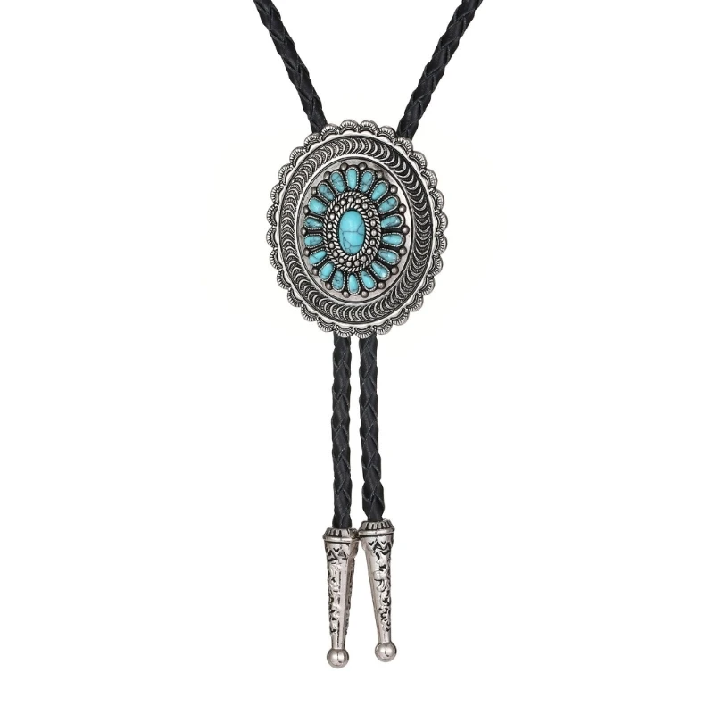 

Braided Shoestring Fretwork Bolo Tie Turquoise Charm Cowboy Necktie Necklace