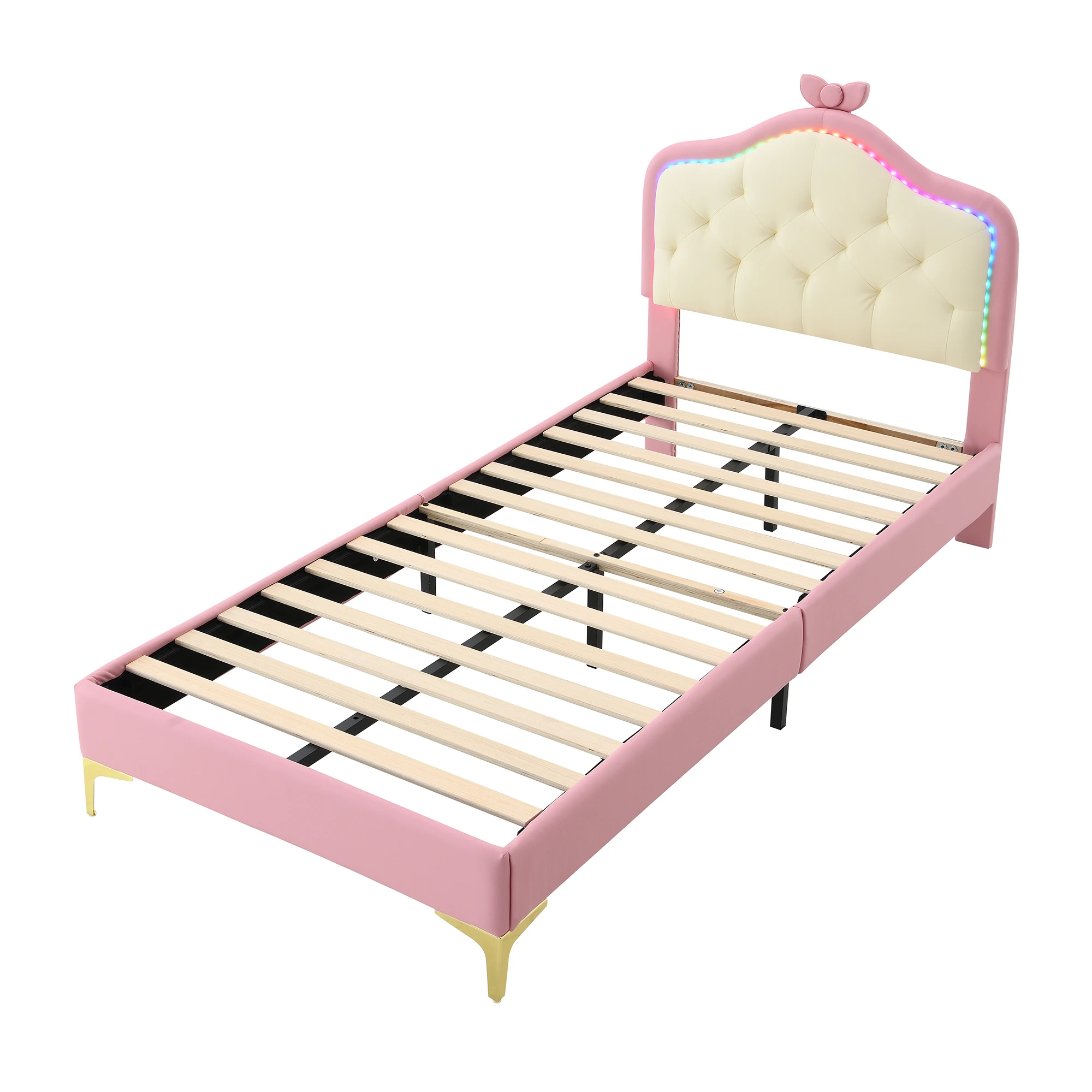 Anajqaqia 90×200 cm Upholstered Bed, Children's Single Bed with Pink Bow Headboard and LED Light Strip, with Wooden Slats