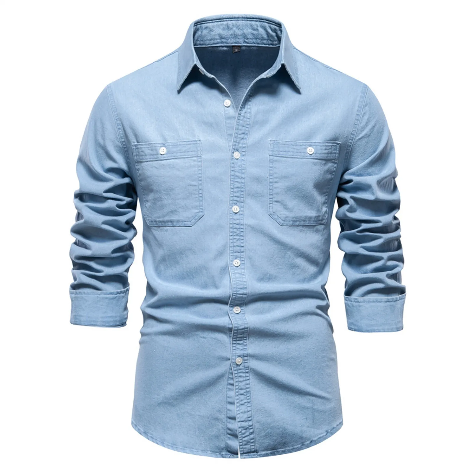 New Men's Casual Blouse Soild Slim Denim Shirt Double Pocket Lapel Button Up Tops Work Autumn Long Sleeve Male Shirts Top 3