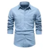 New Men's Casual Blouse Soild Slim Denim Shirt Double Pocket Lapel Button Up Tops Work Autumn Long Sleeve Male Shirts Top 3