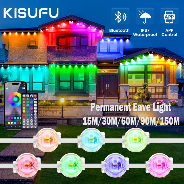 15/150M RGB Eaves LED Lights Permanent Outdoor Lights Bluetooth APP Kit Full House Eaves Light String Christmas Wedding Lighting