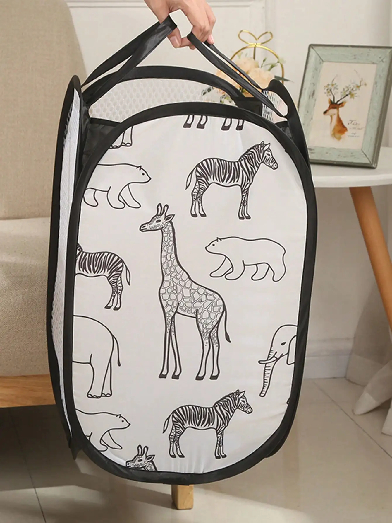 Black Storage Basket for Dirty Clothes Debris Home Laundry Basket Giraffe Printed Polyester Mesh Fabric Organizers 19x19x12" 90g 4
