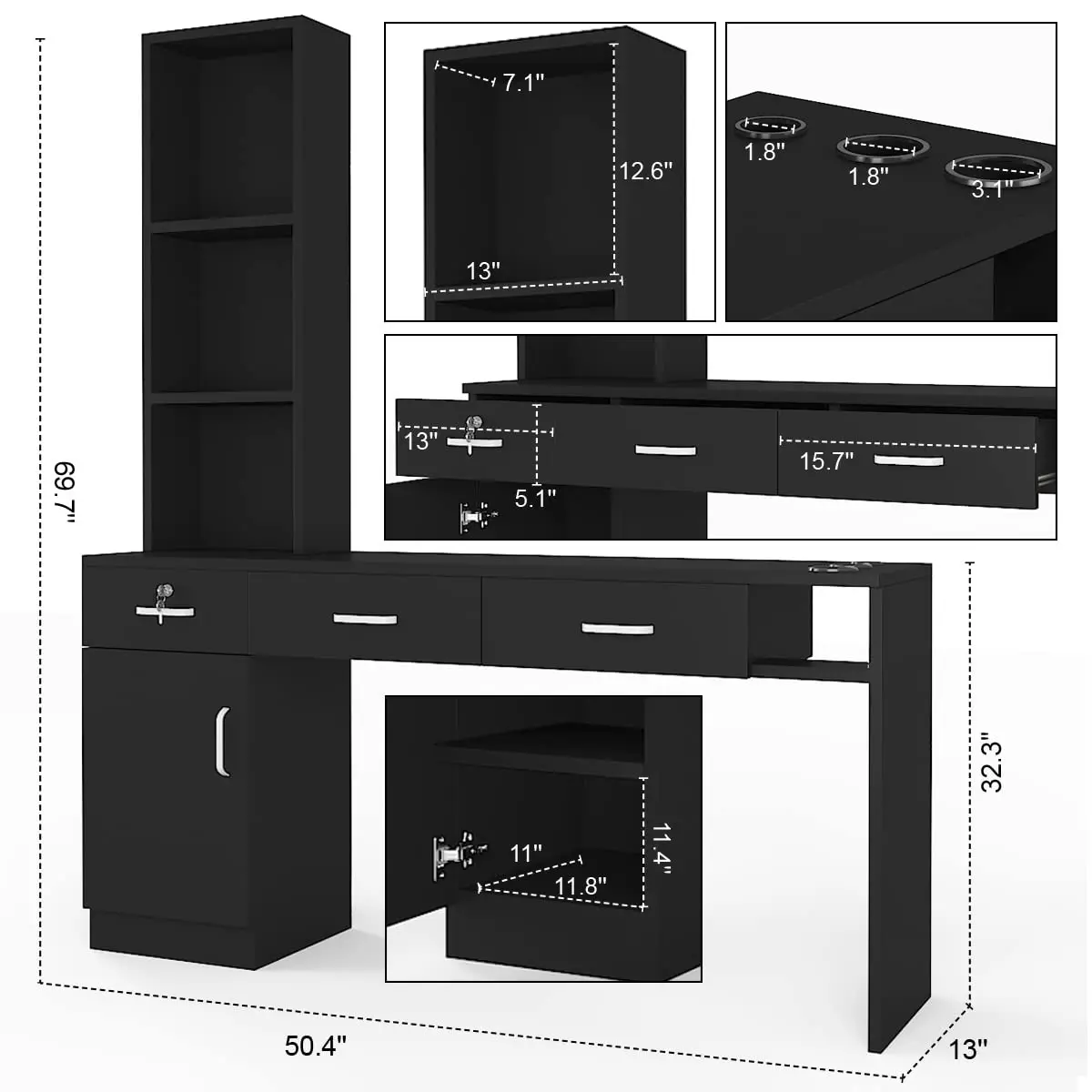 Barber Salon Station Wall Mount Hair Styling Salon Equipment Set Beauty Spa Furniture Set, Lockable Left Shelf, Mirror not 2