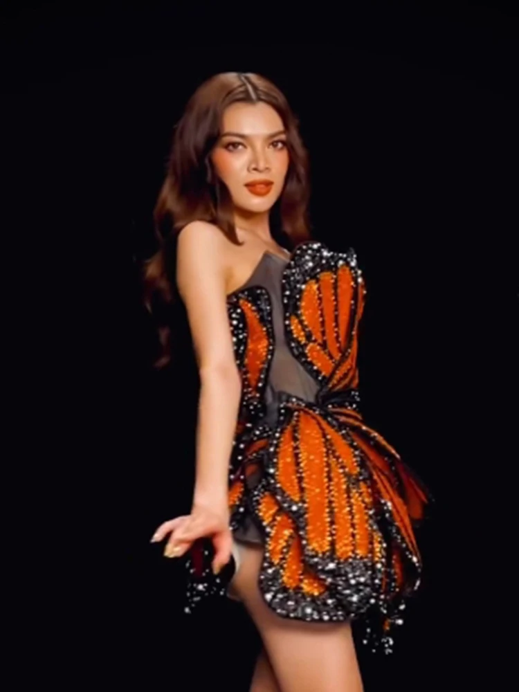 VC Luxury Dress For Women Beautiful Butterfly Shape Design Sequins Mini Celebrity Party Vestido 2023 New Trendy