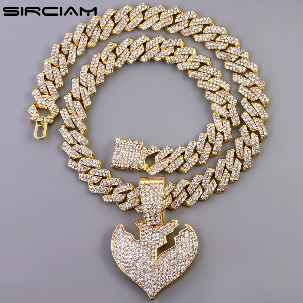 

Iced Out Cuban Chain With Heart Pendant Punk 14MM Prong Curb Cuban Chain Choker Necklace For Women Men Hiphop Party Jewelry Gift