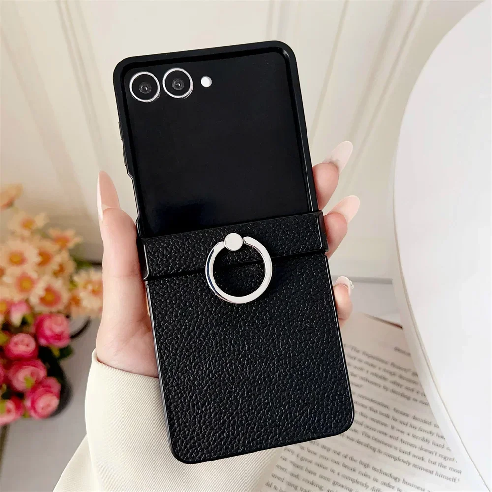 PU Leather Lychee Pattern Phone Case with Ring Holder and Hinge Protection