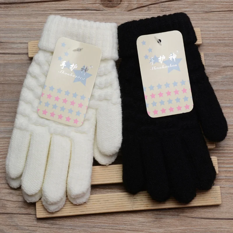 Winter Children Knitted Gloves Thick Woolen Kids Five Fingers Glove 8-15year Boy Girl Baby Hand Warmer Black White Fleece Mitten 2